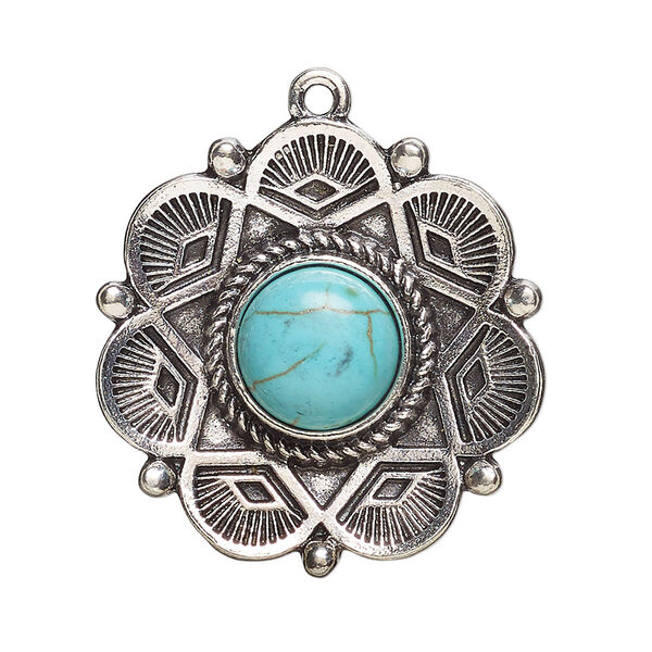 Focal, antique silver-finished "pewter" (zinc-based alloy) and "turquoise" (resin) (imitation), turquoise blue, 31mm single-sided concave round flower. Sold per pkg of 2. image number 0