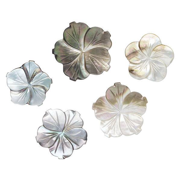 Component mix, black lip and golden lip shell (natural), 24-32mm undrilled carved flower. Mohs hardness 3-1/2. Sold per pkg of 5. image number 0