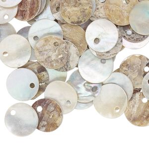 Drop, mussel shell (dyed / coated), grey, 10mm flat round, Mohs hardness 3-1/2. Sold per pkg of 100.