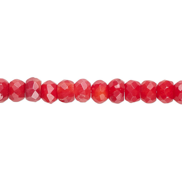 Bead, bamboo coral (dyed), red, 6x4mm hand-cut faceted rondelle, B- grade, Mohs hardness 3-1/2 to 4. Sold per 15-1/2" to 16" strand. image number 0
