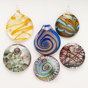 Random focal mix, lampworked glass, opaque mixed colors with silver-colored foil and copper-colored glitter, 29x57x52mm round. Sold per pkg of 3.