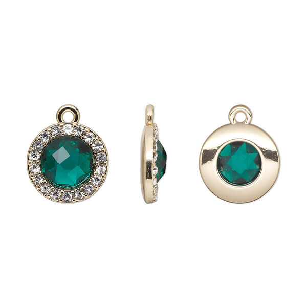 Drop, glass / glass rhinestone / gold-finished "pewter" (zinc-based alloy), clear and transparent emerald green, 15.5mm single-sided round. Sold per pkg of 2. image number 0