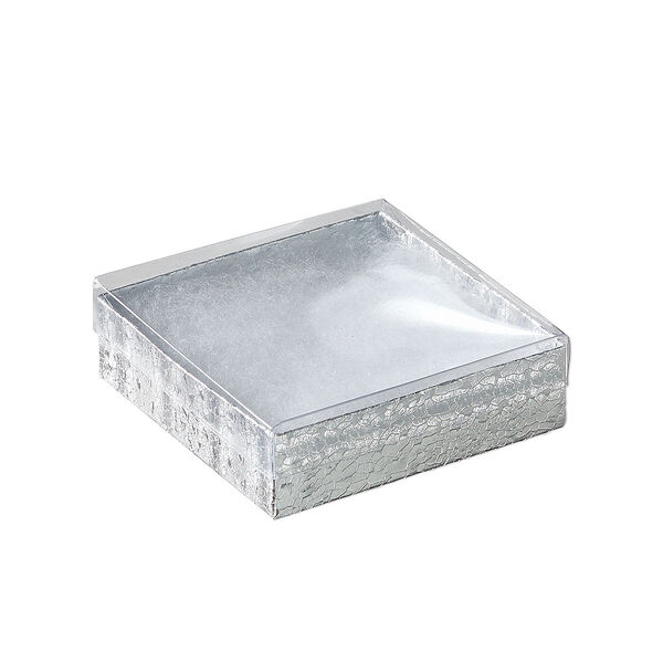 Box, paper, cotton filled, silver and clear, 3-1/2x3-1/2x1 inch square with foil paper and clear lid. Sold per pkg of 10. image number 0