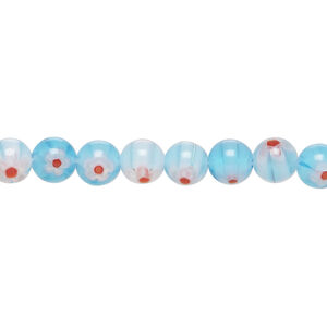 Bead, millefiori glass 1pkg1, translucent light blue / red / white, 6mm round, 15 inches.