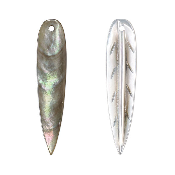 Focal, black lip shell (natural), 34x8mm hand-cut single-sided carved leaf, Mohs hardness 3-1/2. Sold individually. image number 0