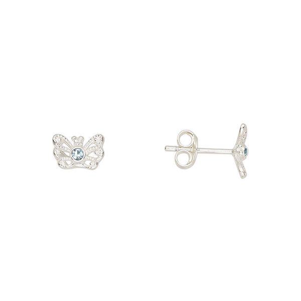 Earstud sterling silver / Preciosa crystal 1pkg2, 8x5mm butterfly / earnuts included, Create Compliments® aqua blue 1 pair image number 0