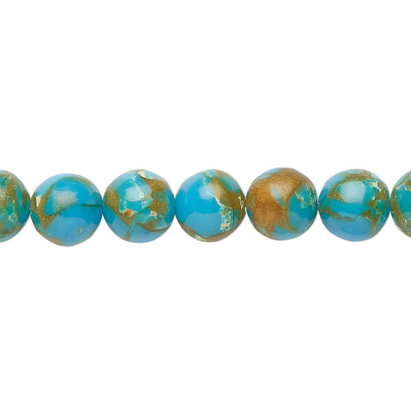 Bead, resin and multi-stone (dyed / assembled), turquoise blue / brown / white, 8mm round. Sold per 8-inch strand, approximately 25 beads. image number 0