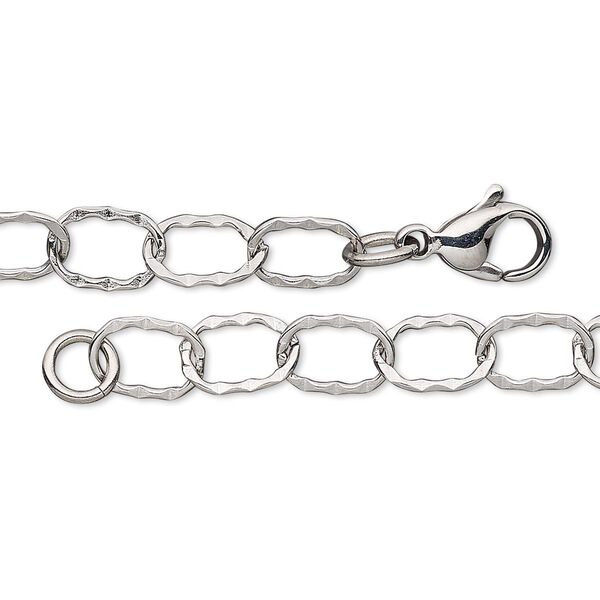 Chain, stainless steel, 6.2mm textured flat oval cable, 18 inches with lobster claw clasp. Sold individually. image number 0