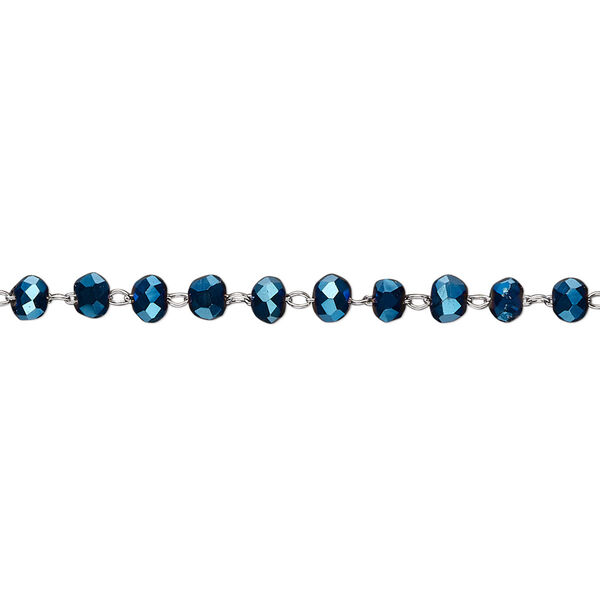 Chain, glass and stainless steel, metallic blue, 3.5mm faceted rondelle. Sold per pkg of 1 yard. image number 0