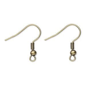 Ear wire fishhook 1pkg100 antique brass-plated, 19mm / 3mm ball / 2mm coil / open loop, 22 gauge steel 50 pair