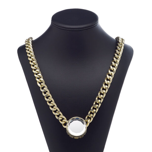 Necklace, glass / gold-finished brass / steel / "pewter" (zinc-based alloy), clear, 38mm flat round, 32 inches with 3-inch extender chain and lobster claw clasp. Sold individually. image number 0