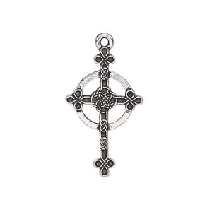 Drop, TierraCast®, antique silver-plated pewter, 27x16mm double-sided Celtic knot halo cross. Sold per pkg of 20.