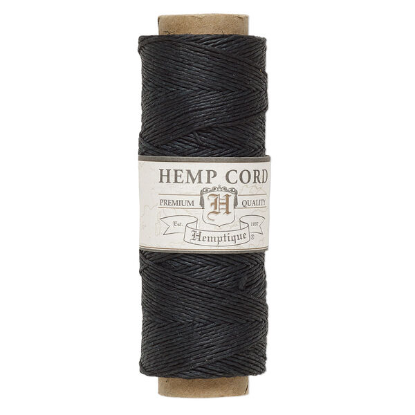 Cord, Hemptique®, polished hemp, black, 0.5mm diameter, 10-pound test. Sold per 205-foot spool. image number 0
