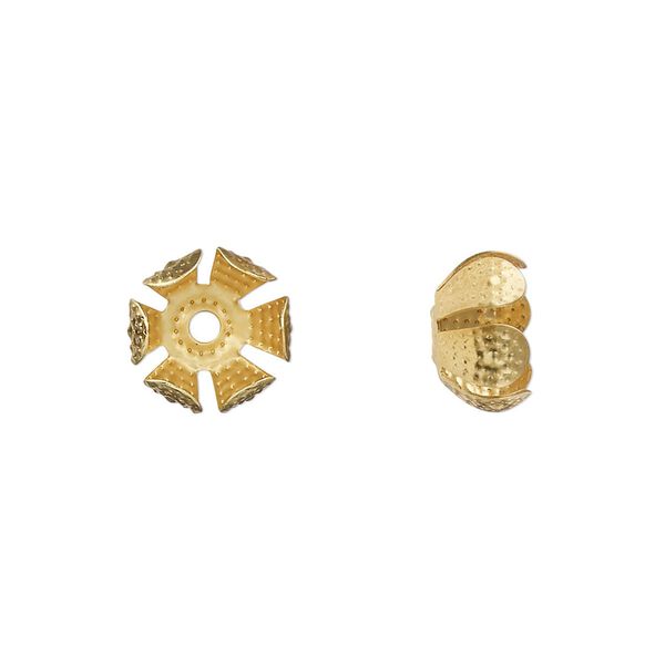 Bead cap, gold-finished steel, 11.5x6mm dimpled flower, fits 8-10mm round bead. Sold per pkg of 20. image number 0