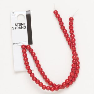 Bead, resin, red, 5-6mm round. Sold per 14-inch strand, approximately 65 beads.