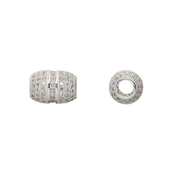 Bead, glass rhinestone and silver-finished brass, clear, 12x8.5mm barrel. Sold individually. image number 0
