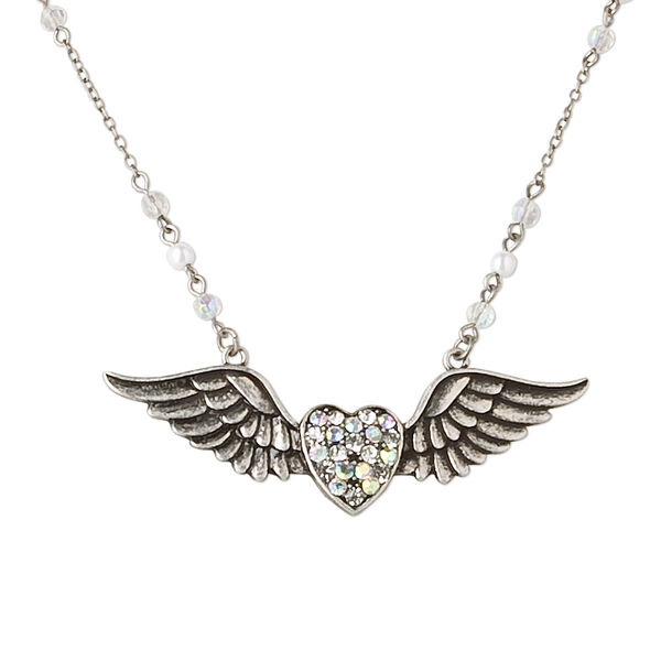 Necklace, glass / glass rhinestone / antique silver-plated steel / pewter (tin-based alloy), white / clear / clear AB, 3x1-inch heart with wings, 26-inch continuous loop. Sold individually. image number 0