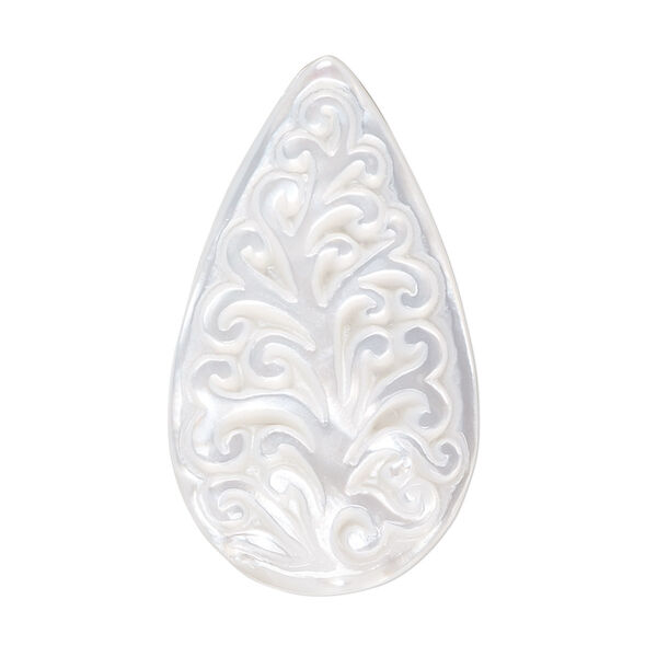 Component, gold lip shell (natural), 36x21mm hand-cut single-sided teardrop with tree, Mohs hardness 3-1/2. Sold individually. image number 0