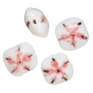Bead, lampworked glass, opaque white / black / pink, 17-16mm-14x13mm puffed rectangle with double-sided painted flower design. Sold per pkg of 4.