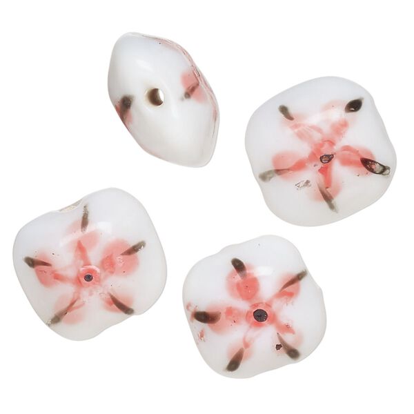 Bead, lampworked glass, opaque white / black / pink, 17-16mm-14x13mm puffed rectangle with double-sided painted flower design. Sold per pkg of 4. image number 0