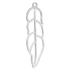 Component, resin frame, silver-finished "pewter" (zinc-based alloy), 58x17mm open feather. Sold per pkg of 2.