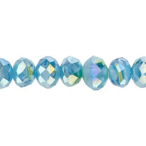 Bead, millefiori glass, opaque marbled aqua blue AB, 9x6mm faceted rondelle. Sold per 8-inch strand, approximately 30 beads.