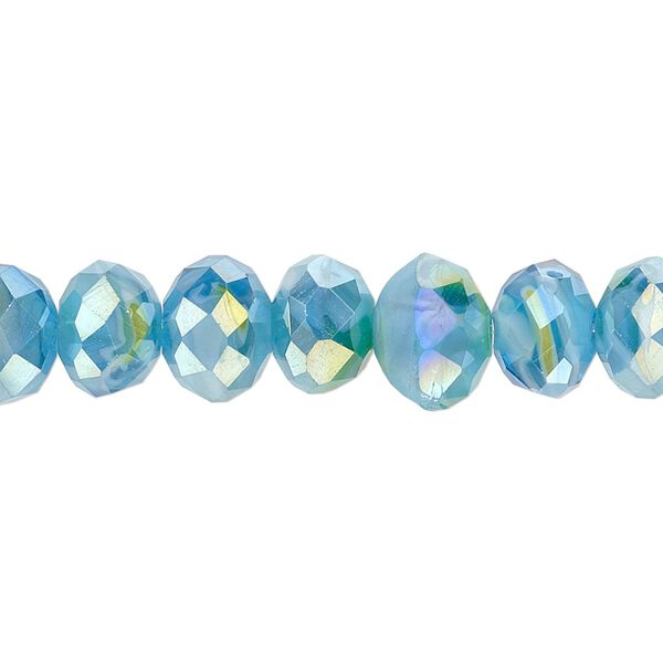 Bead, millefiori glass, opaque marbled aqua blue AB, 9x6mm faceted rondelle. Sold per 8-inch strand, approximately 30 beads. image number 0
