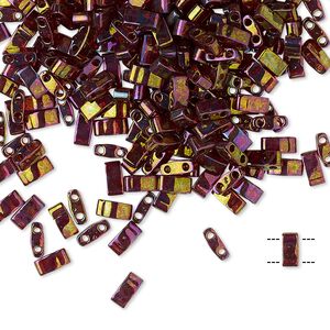 Seed bead, TILA®, glass, pkg/10g, 5x2.3mm half tila rectangle, translucent rainbow gold luster dark topaz, (HTL-301).