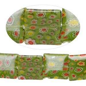 Bead, millefiori glass, translucent multicolored, 18mm puffed square with 0.6-0.8mm hole. Sold per 14-inch strand.