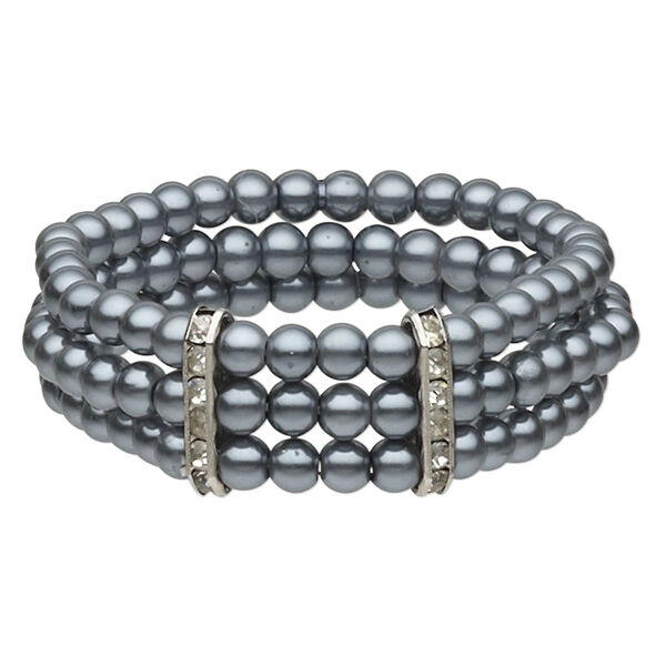 Bracelet, 3-strand stretch, acrylic pearl / glass rhinestone / silver-plated "pewter" (zinc-based alloy), grey and clear, 6mm round, 6-1/2 inches. Sold individually. image number 0