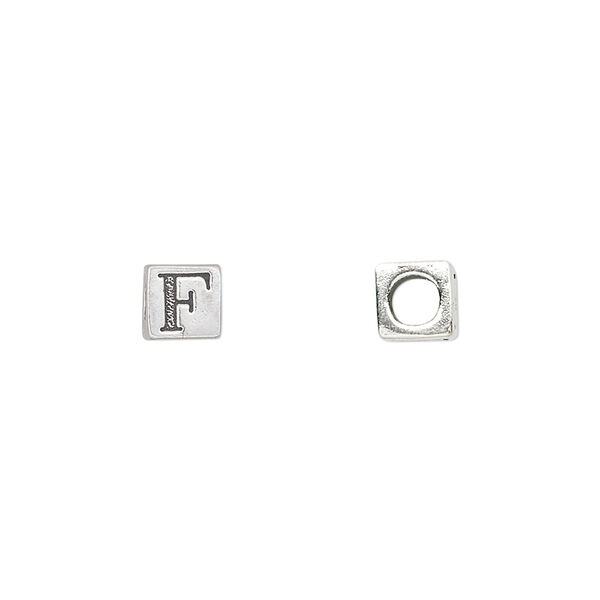 Bead, sterling silver, 5.5mm cube with alphabet letter "F." Sold individually. image number 0