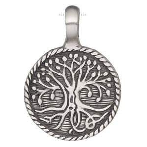 Pendant, Powerful Pewter Pendants, antiqued pewter (tin-based alloy), 41x29mm single-sided round with tree of life design and 6mm hole. Sold individually.