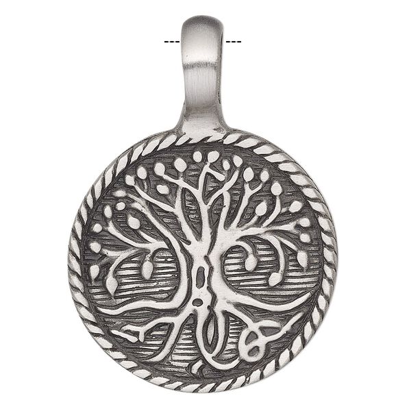Pendant, Powerful Pewter Pendants, antiqued pewter (tin-based alloy), 41x29mm single-sided round with tree of life design and 6mm hole. Sold individually. image number 0