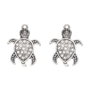 Charm, antique silver finish "pewter" (zinc-based alloy) and glass, clear, 25x22mm single-sided sea turtle. Sold per pkg of 2.