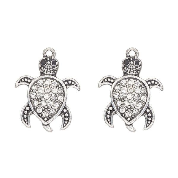 Charm, antique silver finish "pewter" (zinc-based alloy) and glass, clear, 25x22mm single-sided sea turtle. Sold per pkg of 2. image number 0