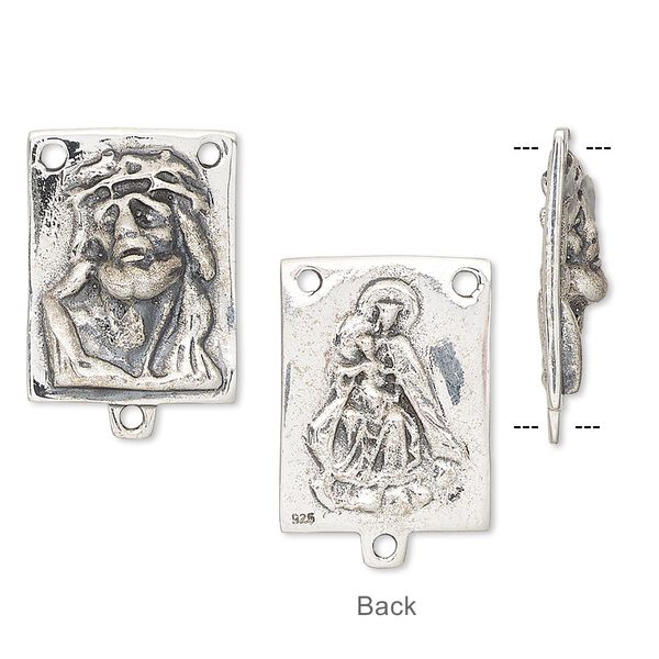 Connector, antiqued sterling silver, 19x14mm double-sided rectangle with Jesus face and Mother with Child rosary. Sold individually. image number 0