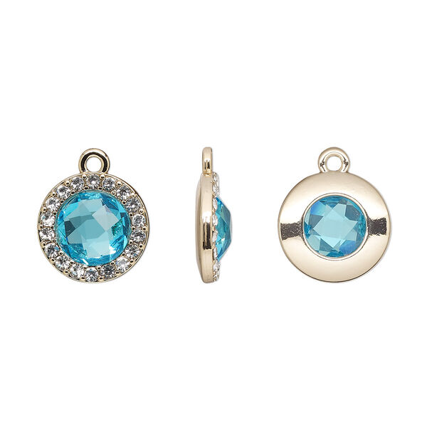 Drop, glass / glass rhinestone / gold-finished "pewter" (zinc-based alloy), clear and transparent sapphire blue, 15.5mm single-sided round. Sold per pkg of 2. image number 0