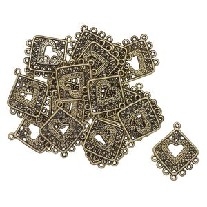 Connector, antique brass-finished "pewter" (zinc-based alloy), 25x24mm double-sided diamond with cutout heart and 8 loops. Sold per pkg of 20.