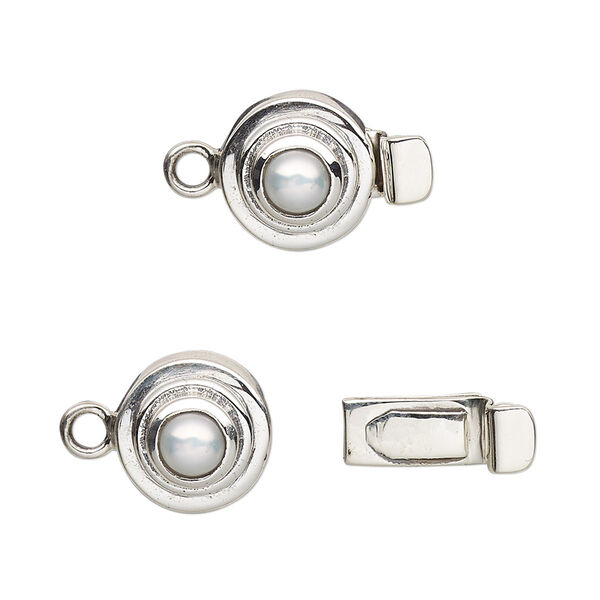 Clasp, tab, cultured freshwater pearl (bleached) and sterling silver, white, 11mm round with 5mm round cabochon. Sold individually. image number 0