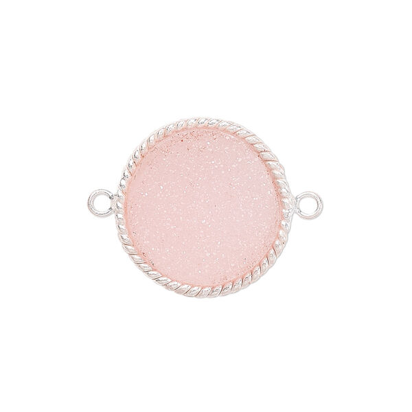 Link, druzy agate (dyed) and sterling silver, pink, 17-19mm hand-cut single-sided flat round with twisted wire design. Sold individually. image number 0