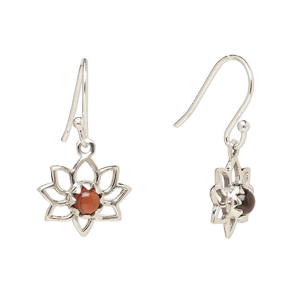 Ear wire, Create Compliments®, antiqued sterling silver and garnet (natural), fishhook, 26mm with 14.5x12mm single-sided open lotus, 21 gauge. Sold per pair. image number 0