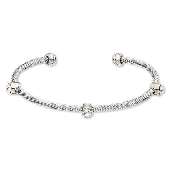 Bracelet, cuff, Czech glass rhinestone with silver-finished "pewter" (zinc-based alloy) and brass, clear, 3mm twisted cable with 6mm faceted round, 7-1/2 inch adjustable. Sold individually. image number 0
