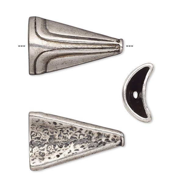 Cone, antiqued silver-plated pewter (tin-based alloy), 23.5x14.5mm crescent with ridged design and textured back, fits 11x3.5mm bead. Sold individually. image number 0