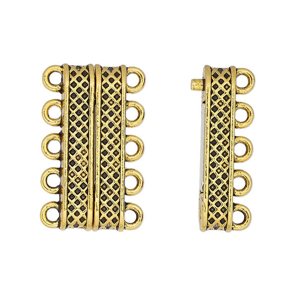 Clasp, 5-strand magnetic, antique gold-finished "pewter" (zinc-based alloy), 24.5x9mm rectangle with textured design. Sold individually. image number 0