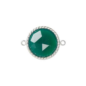 Link, green onyx (dyed) and sterling silver, 17-19mm hand-cut double-sided faceted round with twisted wire design. Sold individually.