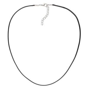 Necklace cord, waxed cotton cord with imitation rhodium-finished steel and "pewter" (zinc-based alloy), black, 1.5mm round, 18 inches with 1-1/2 inch extender chain and lobster claw clasp. Sold per pkg of 4.