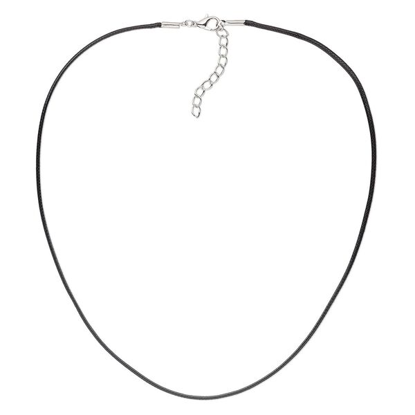 Necklace cord, waxed cotton cord with imitation rhodium-finished steel and "pewter" (zinc-based alloy), black, 1.5mm round, 18 inches with 1-1/2 inch extender chain and lobster claw clasp. Sold per pkg of 4. image number 0