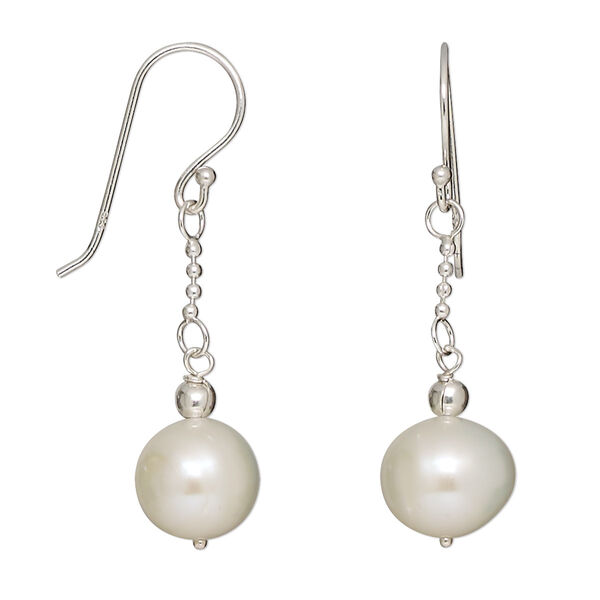 Earring, sterling silver and cultured freshwater pearl, white, 9mm round drop with fishhook ear wire, 35x9mm overall. Sold per pair. image number 0