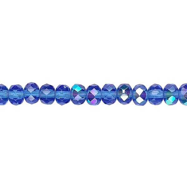 Bead, Czech fire-polished glass, light cobalt AB, 5x4mm faceted rondelle. Sold per 15-1/2" to 16" strand. image number 0