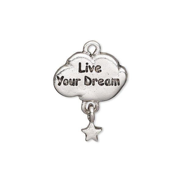 Charm 1pk1 pewter (tin-based alloy), 23x18mm single-sided cloud / "Live Your Dream" / dangling star, antique silver plate image number 0